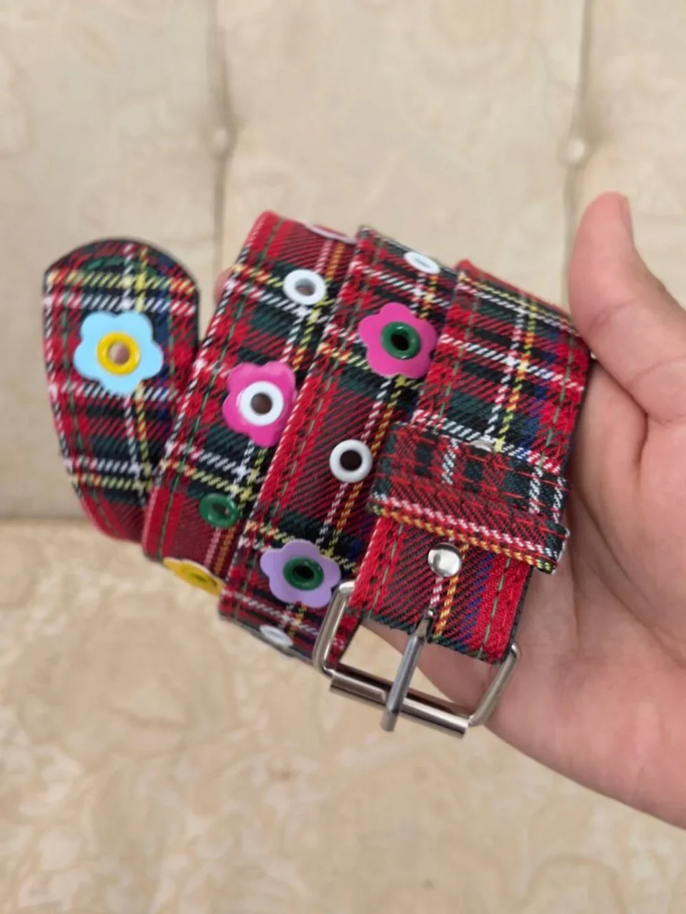 Red Tartan Plaid Wide Belt With Colorful Grommets